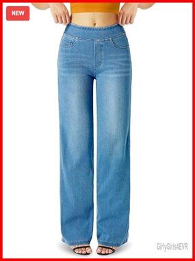 High Waisted Straight Leg Jeans Stretch Knit Denim Wide Leg Pockets